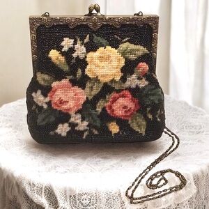 Vintage Style Regency Floral Needlepoint Beaded Evening Bag Pewter Scroll Frame